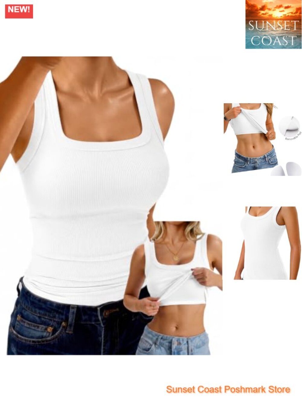 Women's Ribbed Square Neck Racerback Tank Top with Removable Bra, Sleeveless